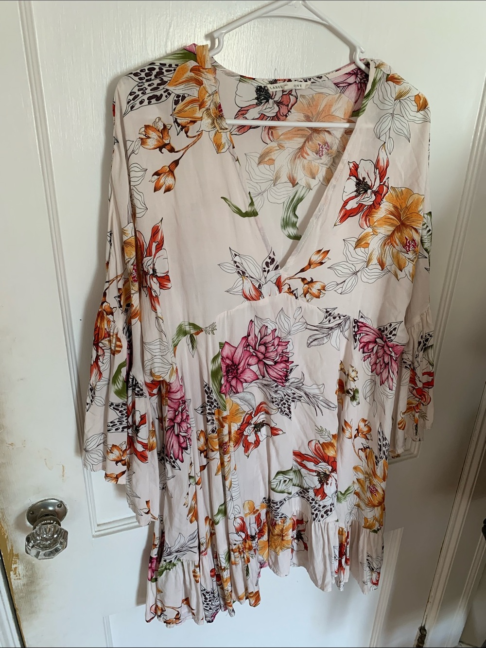 Women's Floral V-Neck Dressin Cream with Pink & Orange Blooms